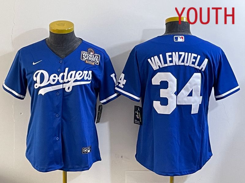 Youth  Los Angeles Dodgers #34 Valenzuela 2024 World series patch blue jersey 20241120120